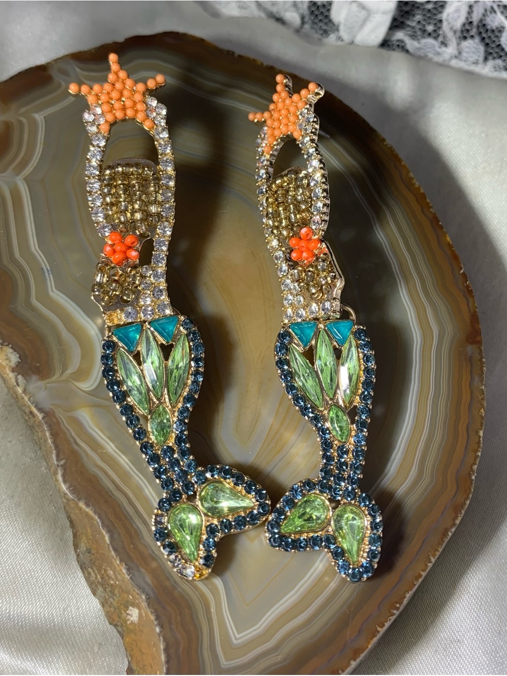 Gold-Accent Multicolor Mermaid Drop Earrings with Green and Coral stunning